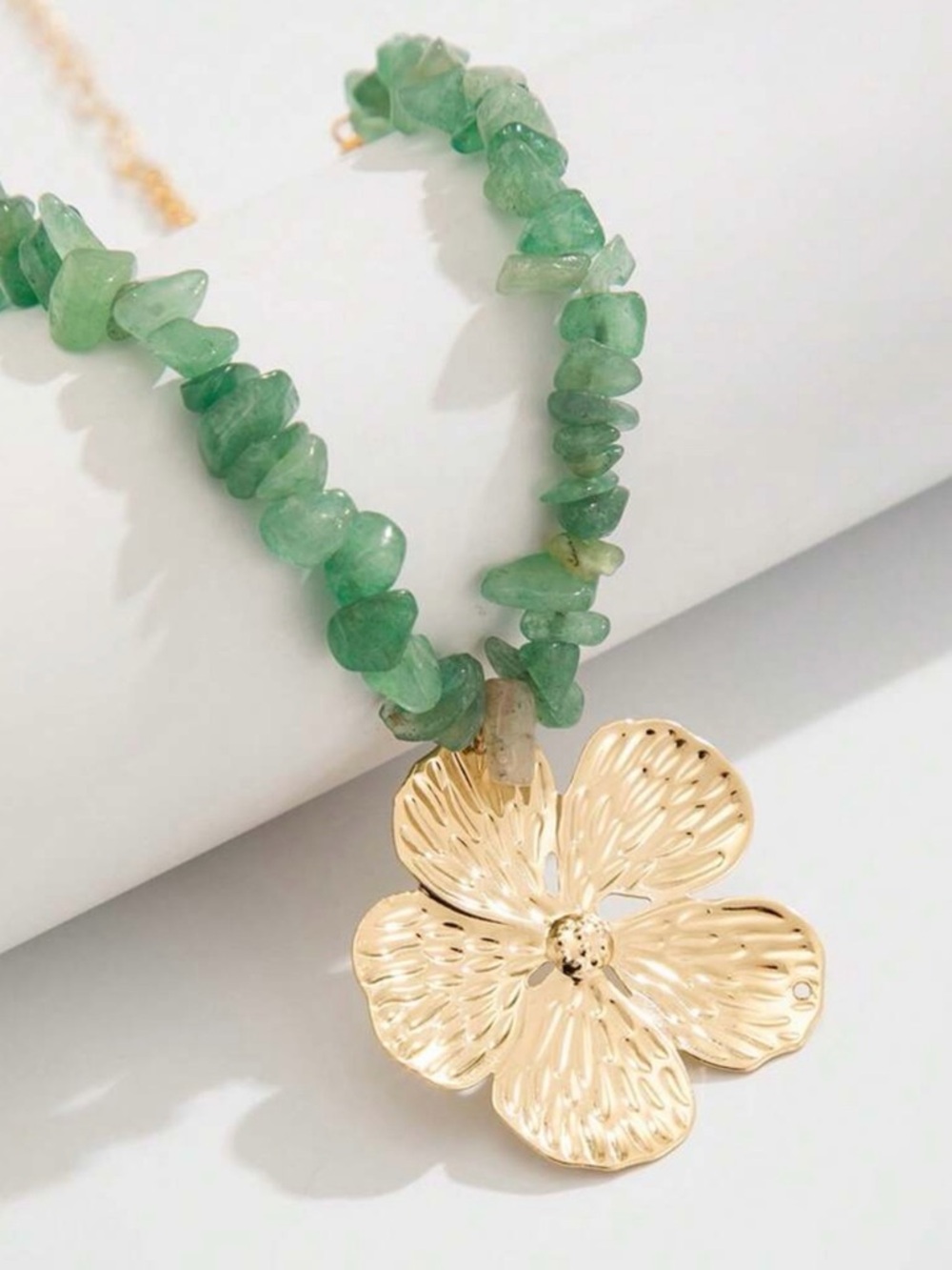 Gold Floral Pendant Necklace with Green Gemstone Chips